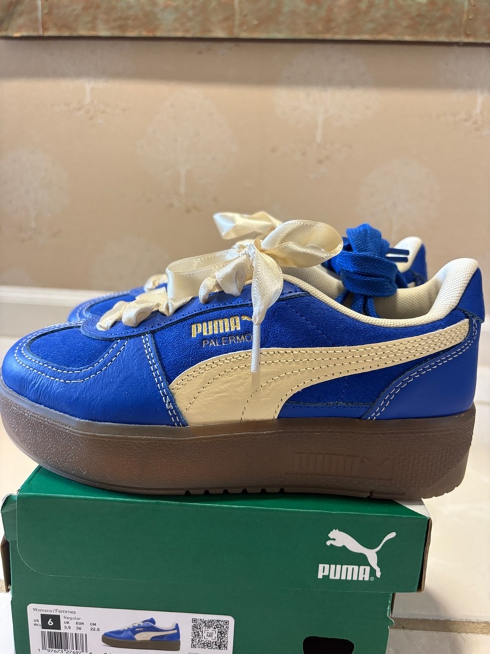 Puma Palermo Platform Sneakers in Blue & Cream - Picture 1 of 8